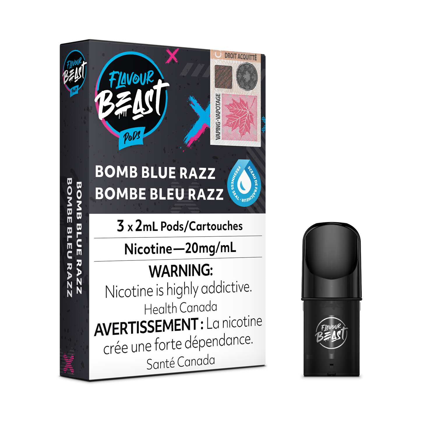 Flavour Beast Pods – Bomb Blue Razz, explosive blue raspberry flavour with a sweet-tart balance, 3x2mL pods with 20mg/mL nicotine salt