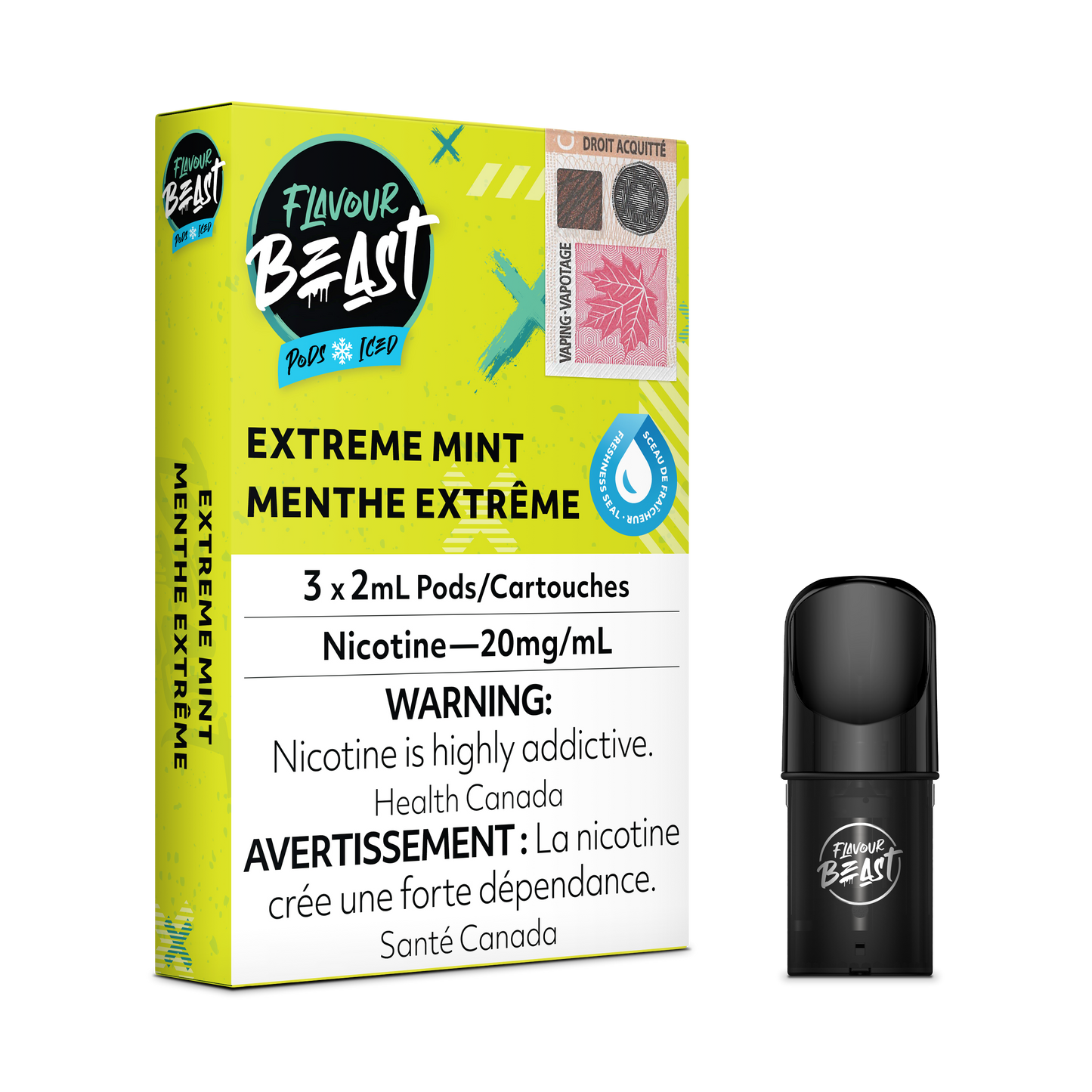 Flavour Beast Pods – Extreme Mint, intensely cool and refreshing mint flavour, 3x2mL pods with 20mg/mL nicotine salt