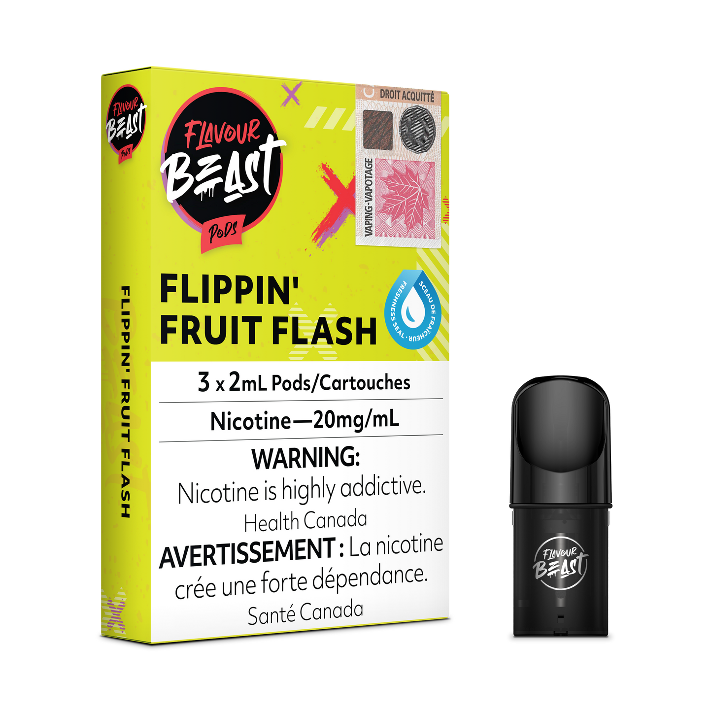 Flavour Beast Pods – Flippin’ Fruit Flash (Rainbow Burst), mixed fruit rainbow candy blend, 3x2mL pods with 20mg/mL nicotine salt
