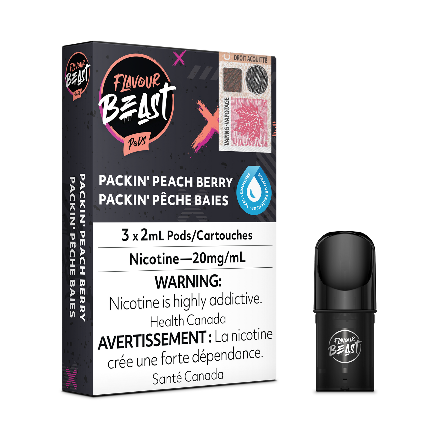 Flavour Beast Pods – Packin’ Peach Berry (Pop N Peach Berry), juicy peach fused with sweet mixed berries, 3x2mL pods with 20mg/mL nicotine salt