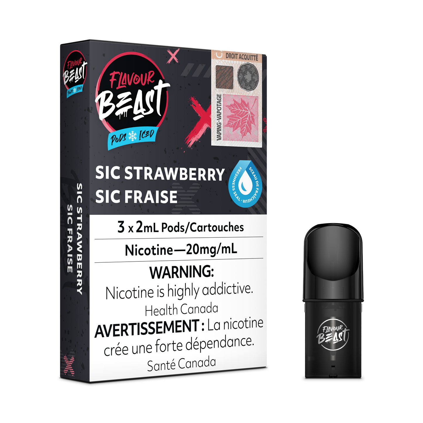 Flavour Beast Pods – Sic Strawberry, bold and sweet strawberry flavour, 3x2mL pods with 20mg/mL nicotine salt for Flavour Beast devices