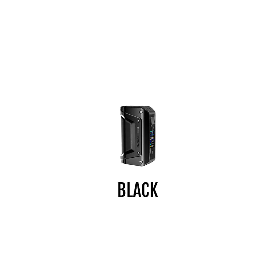 GeekVape Aegis Legend 3 Box Mod – Black, angled view showing screen, fire button, and premium leather-wrapped chassis