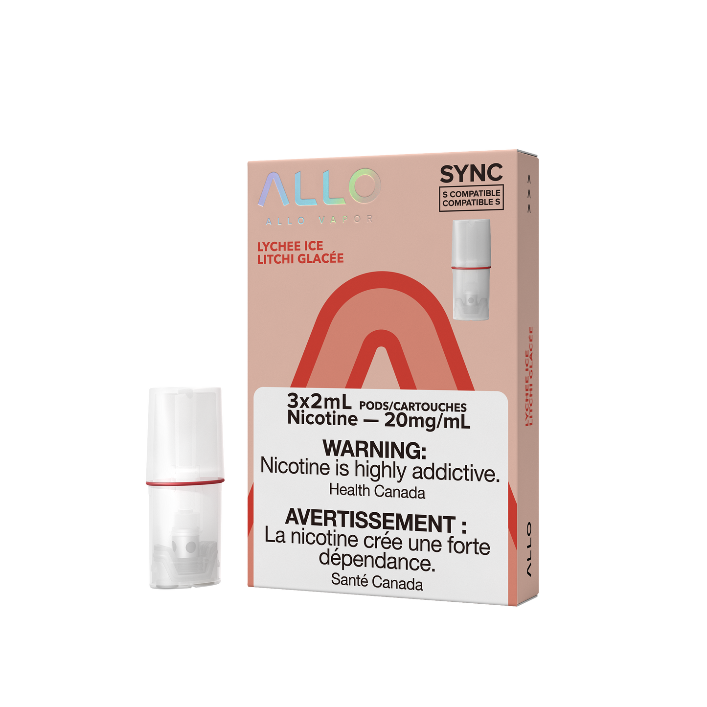 ALLO Sync Pods – Lychee Ice – Exotic lychee flavour with a refreshing icy finish, 3x2mL pods with 20mg/mL nicotine salt