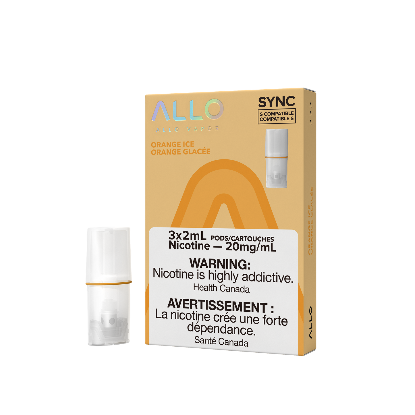 ALLO Sync Pods – Orange Ice – Sweet and tangy orange citrus with a cool menthol exhale, 3x2mL pods at 20mg/mL nicotine salt