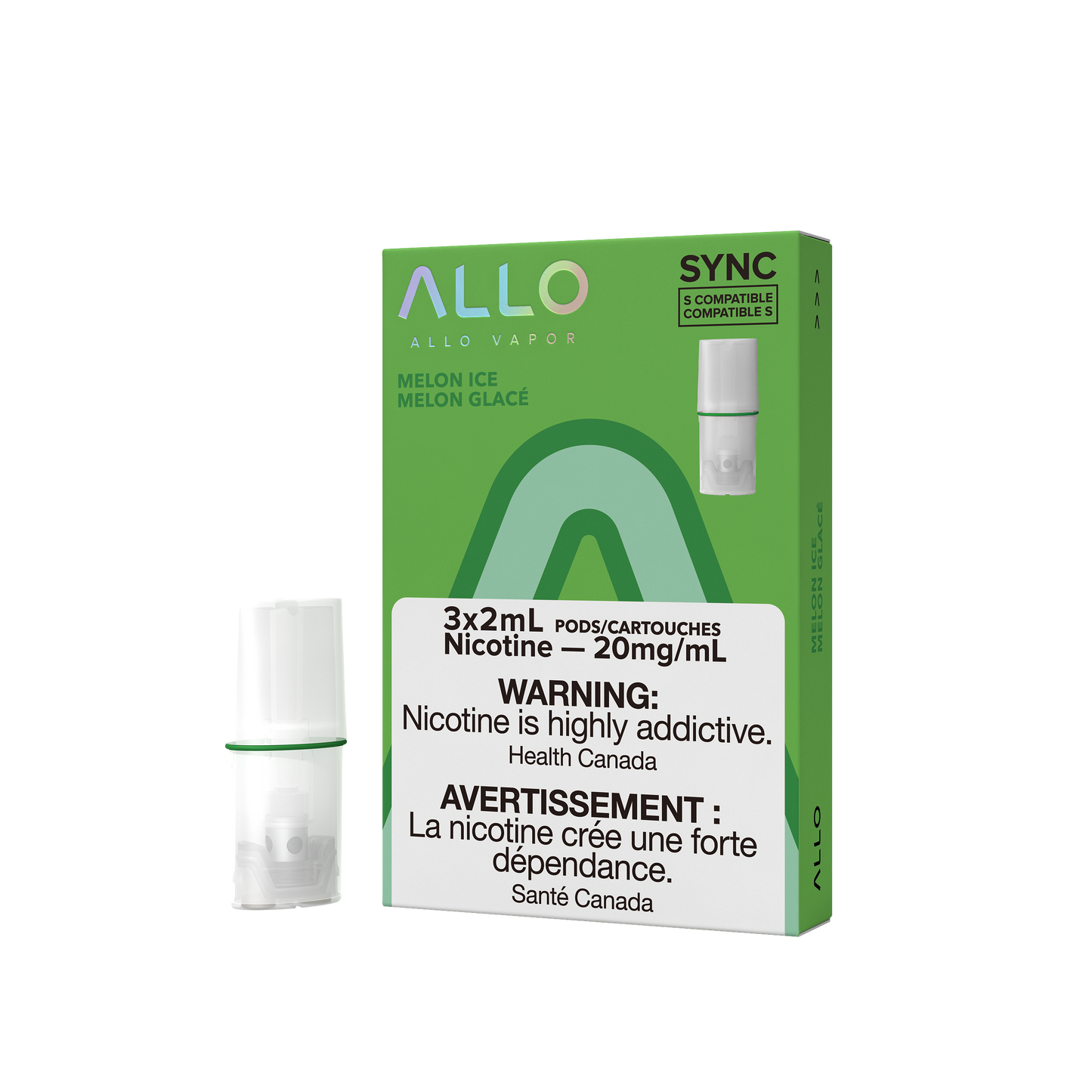 ALLO Sync Pods – Melon Ice – Sweet melon flavour with a refreshing icy finish, 3x2mL pods with 20mg/mL nicotine salt