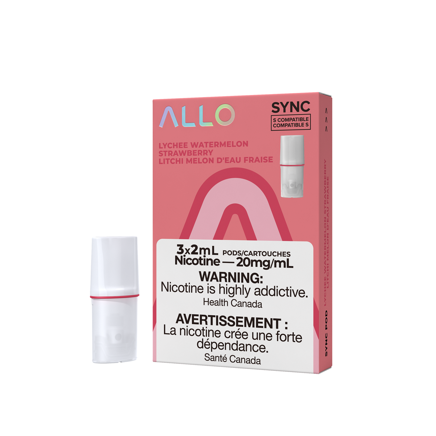 ALLO Sync Pods – Lychee Watermelon Strawberry – Exotic lychee blended with sweet watermelon and strawberry, 3x2mL pods at 20mg/mL nicotine salt