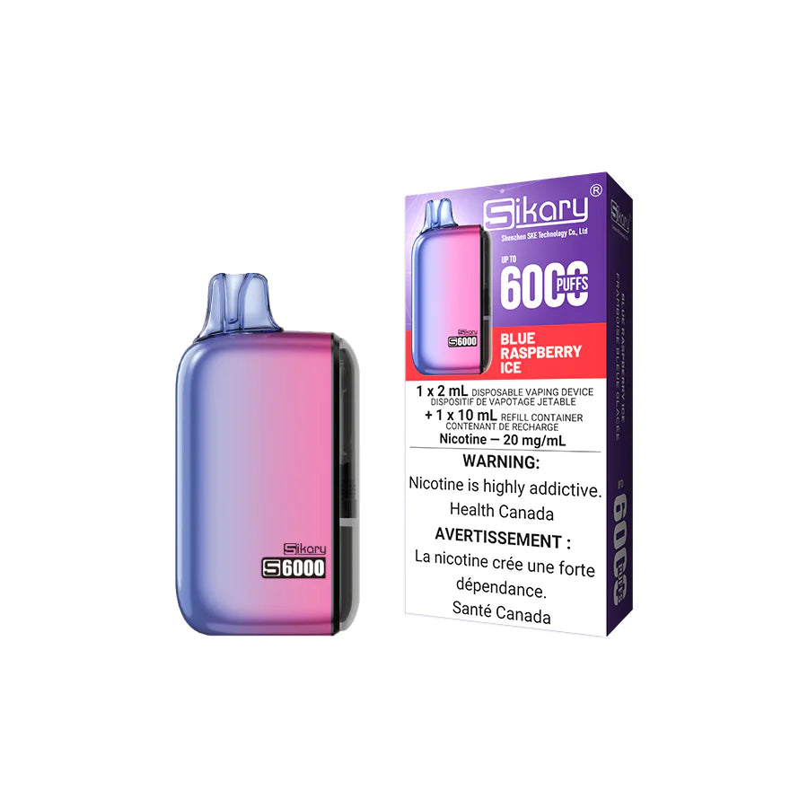 Sikary S6000 Disposable Vape – Blue Raspberry Ice, 6000-puff rechargeable device with 800mAh battery, mesh coil, and 20mg nicotine salt e-liquid in a tangy blue raspberry and menthol blend