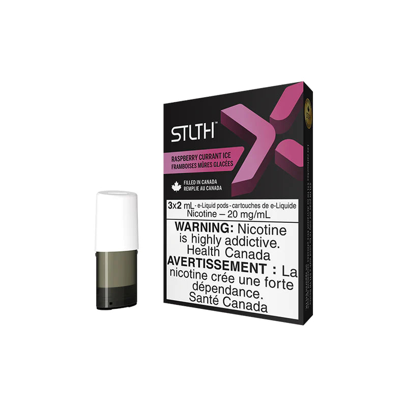 STLTH X Pod Pack – Raspberry Currant Ice, tart raspberry and black currant with a cool menthol finish, 20mg nicotine salt pods for STLTH devices