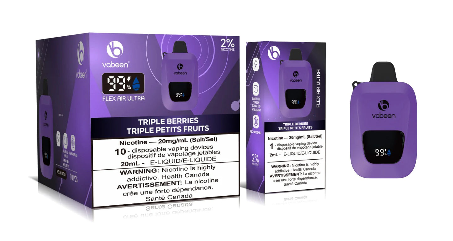 Ultra Flex Air Disposable – Triple Berries, a bold medley of strawberries, raspberries, and blueberries, 20mg nicotine strength, up to 8000 puffs with adjustable airflow