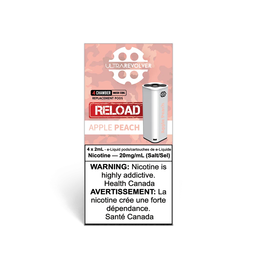 Ultra Reload Pods – Apple Peach, 20mg nicotine salt pods with crisp apple and juicy peach flavour, compatible with Ultra Reload closed pod system