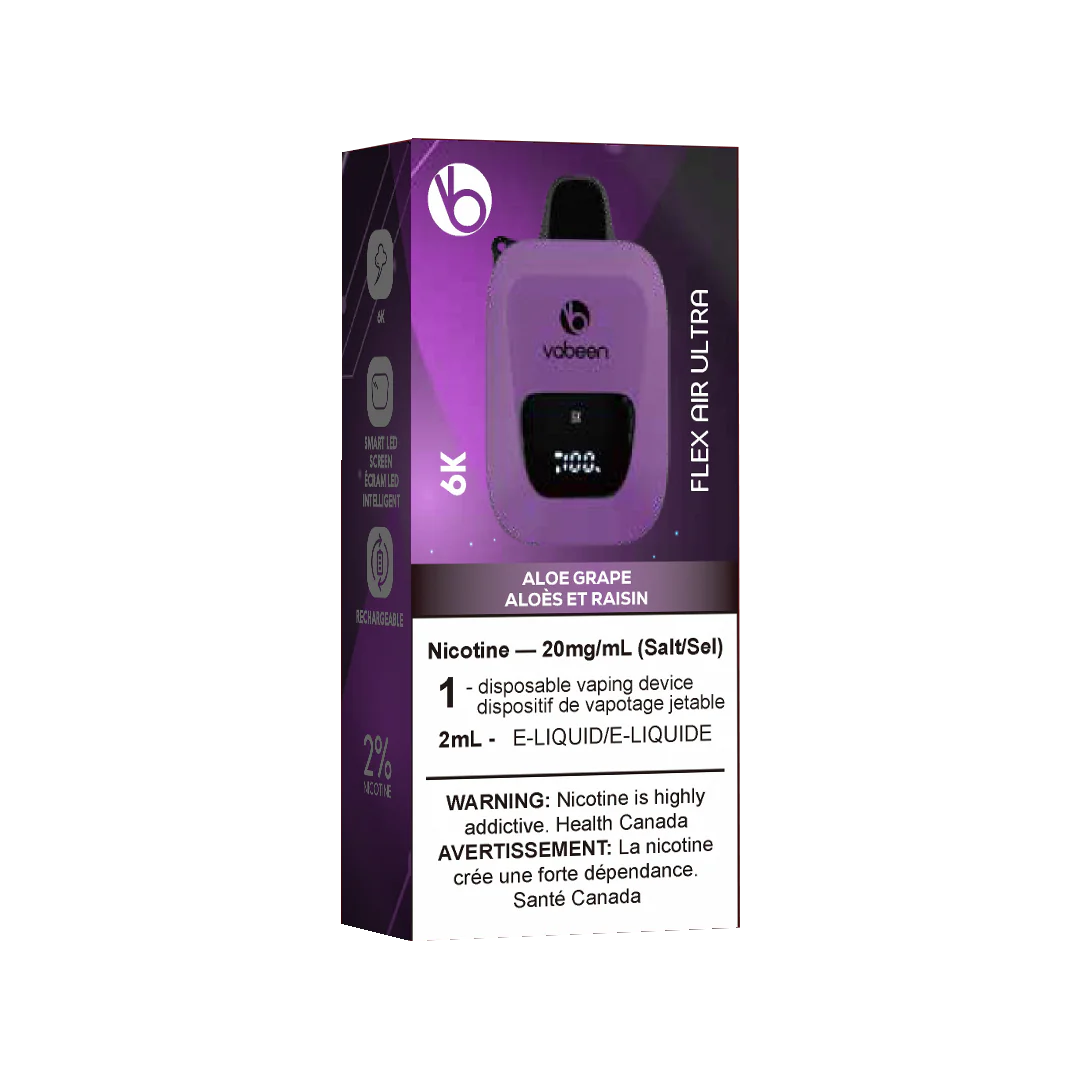 Ultra Flex Air Disposable – Aloe Grape, smooth grape flavour infused with soothing aloe notes, 20mg nicotine strength, up to 8000 puffs with adjustable airflow