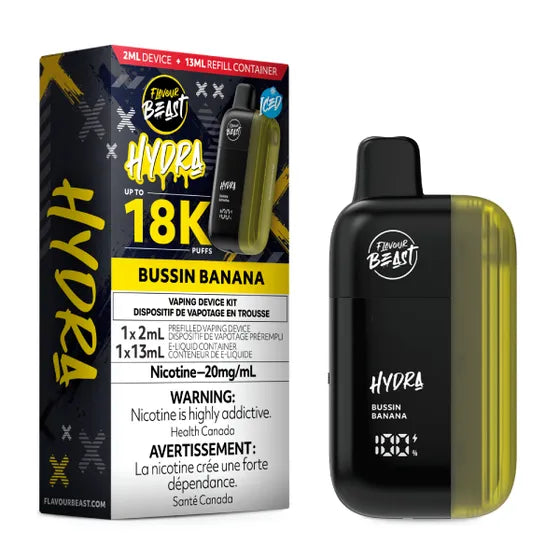 Flavour Beast Hydra 18K – Banana Iced, creamy banana flavour with a cool menthol finish in a 20mg disposable vape, up to 18,000 puffs