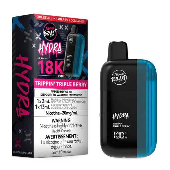 Flavour Beast Hydra 18K – Triple Berry, a mix of blueberries, raspberries, and strawberries with a cool icy exhale in a 20mg disposable vape, up to 18,000 puffs