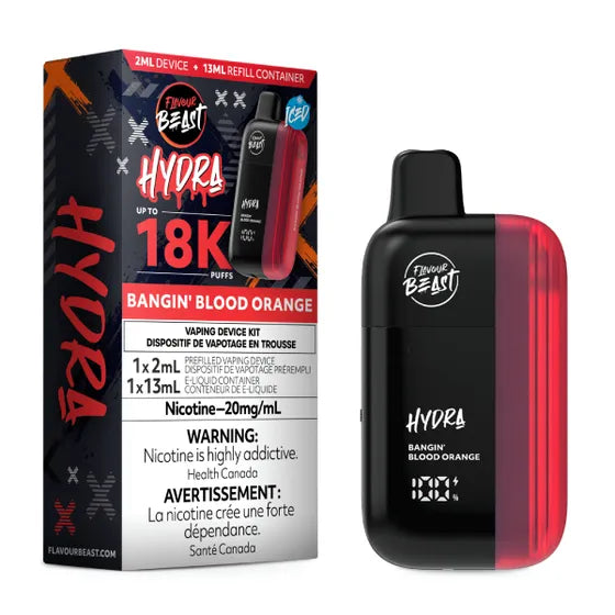 Flavour Beast Hydra 18K – Blood Orange Iced, tangy blood orange with a refreshing menthol finish in a 20mg disposable vape, up to 18,000 puffs