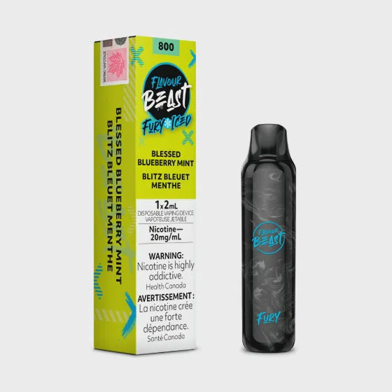 Flavour Beast Fury Disposable – Blueberry Mint, sweet blueberry paired with a refreshing mint finish, 20mg nicotine strength, up to 6000 puffs with rechargeable mesh coil design
