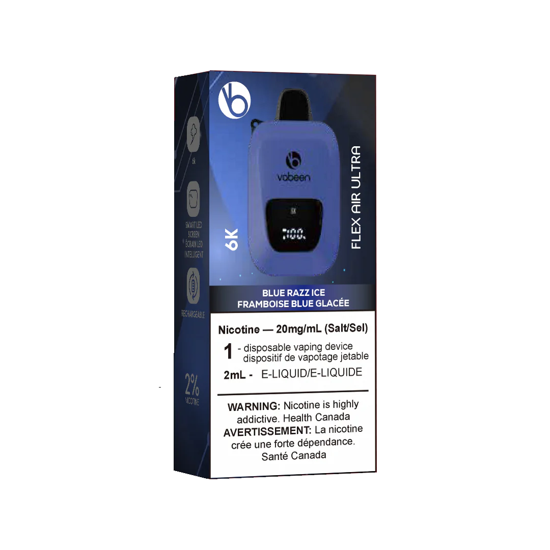 Ultra Flex Air Disposable – Blue Razz Ice, tangy blue raspberry with a cooling menthol finish, 20mg nicotine strength, up to 8000 puffs with adjustable airflow