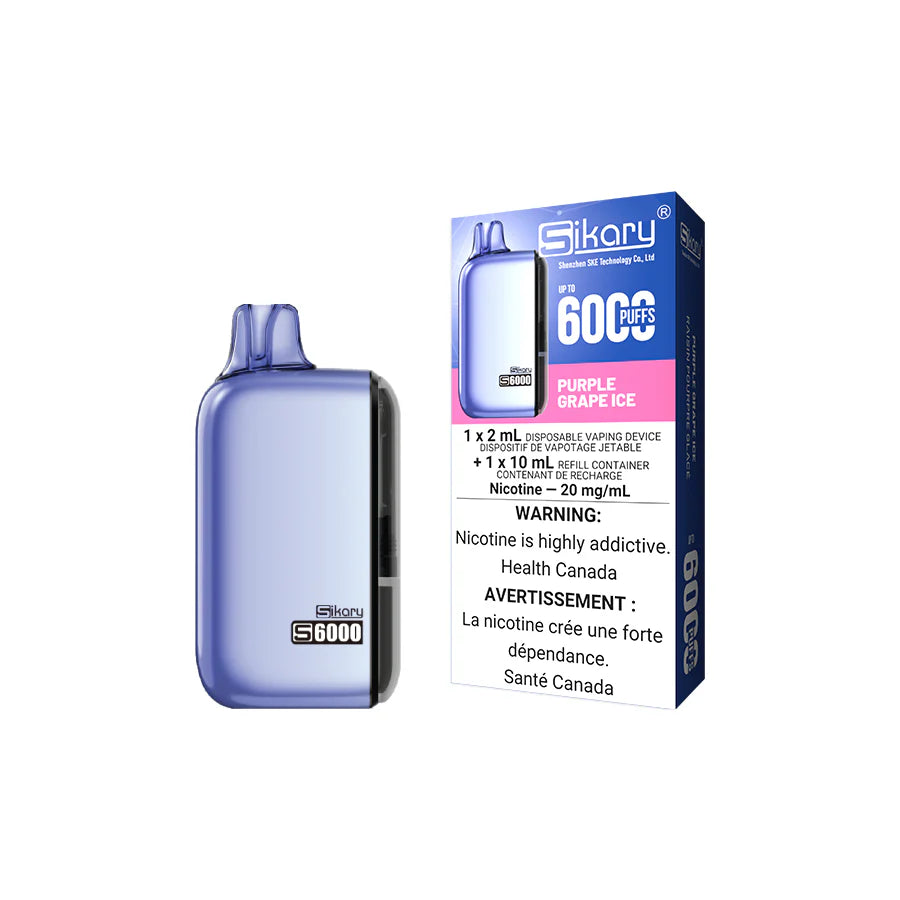 Sikary S6000 Disposable – Grape Ice, bold and juicy grape flavour with a cool menthol finish, 20mg nicotine strength, up to 6000 puffs with a rechargeable battery