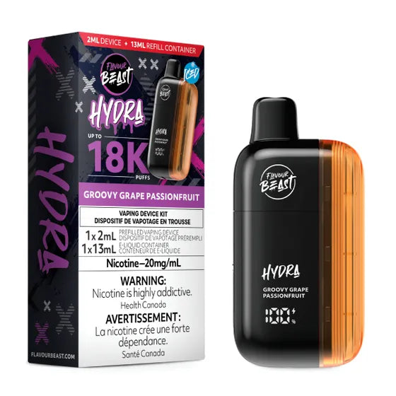 Flavour Beast Hydra 18K Disposable – Grape Passion, a bold fusion of juicy grape and exotic passionfruit, 20mg nicotine, up to 18,000 puffs