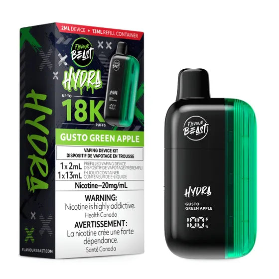 Flavour Beast Hydra 18K Disposable – Green Apple Ice, crisp green apple flavour with a chilling menthol finish, 20mg nicotine, up to 18,000 puffs