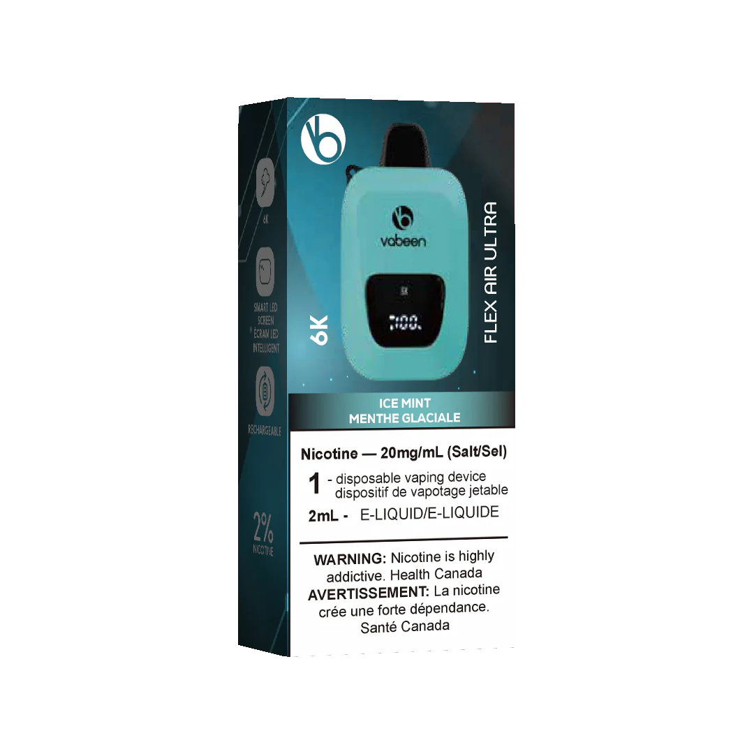 Ultra Flex Air Disposable – Ice Mint, crisp and powerful mint flavour with an icy exhale, 20mg nicotine strength, up to 8000 puffs with adjustable airflow