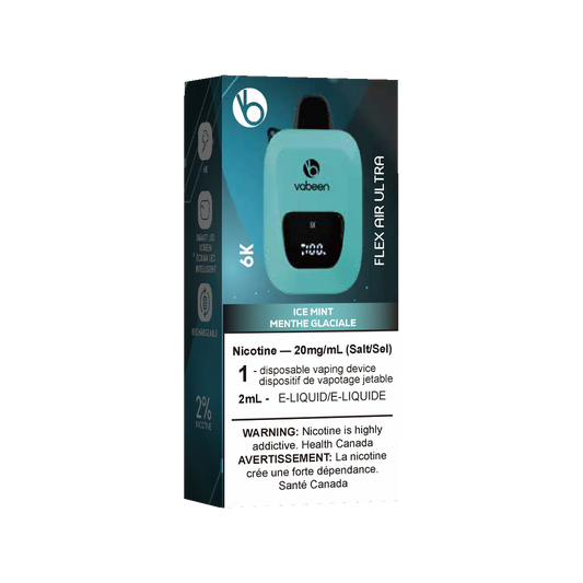 Ultra Flex Air Disposable – Ice Mint, crisp and powerful mint flavour with an icy exhale, 20mg nicotine strength, up to 8000 puffs with adjustable airflow