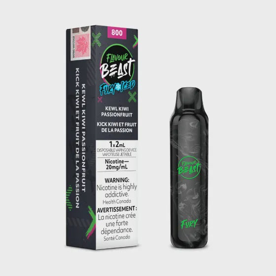 Flavour Beast Fury Disposable – Kiwi Passion, tangy kiwi fused with exotic passionfruit, 20mg nicotine strength, up to 6000 puffs with mesh coil and rechargeable battery