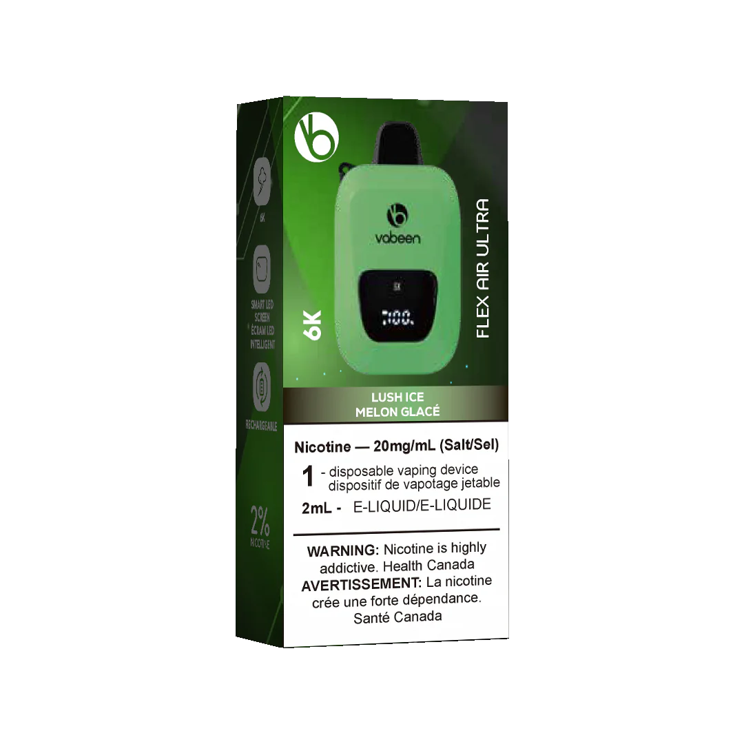 Ultra Flex Air Disposable – Lush Ice, juicy watermelon flavour with a frosty menthol kick, 20mg nicotine strength, up to 8000 puffs with adjustable airflow