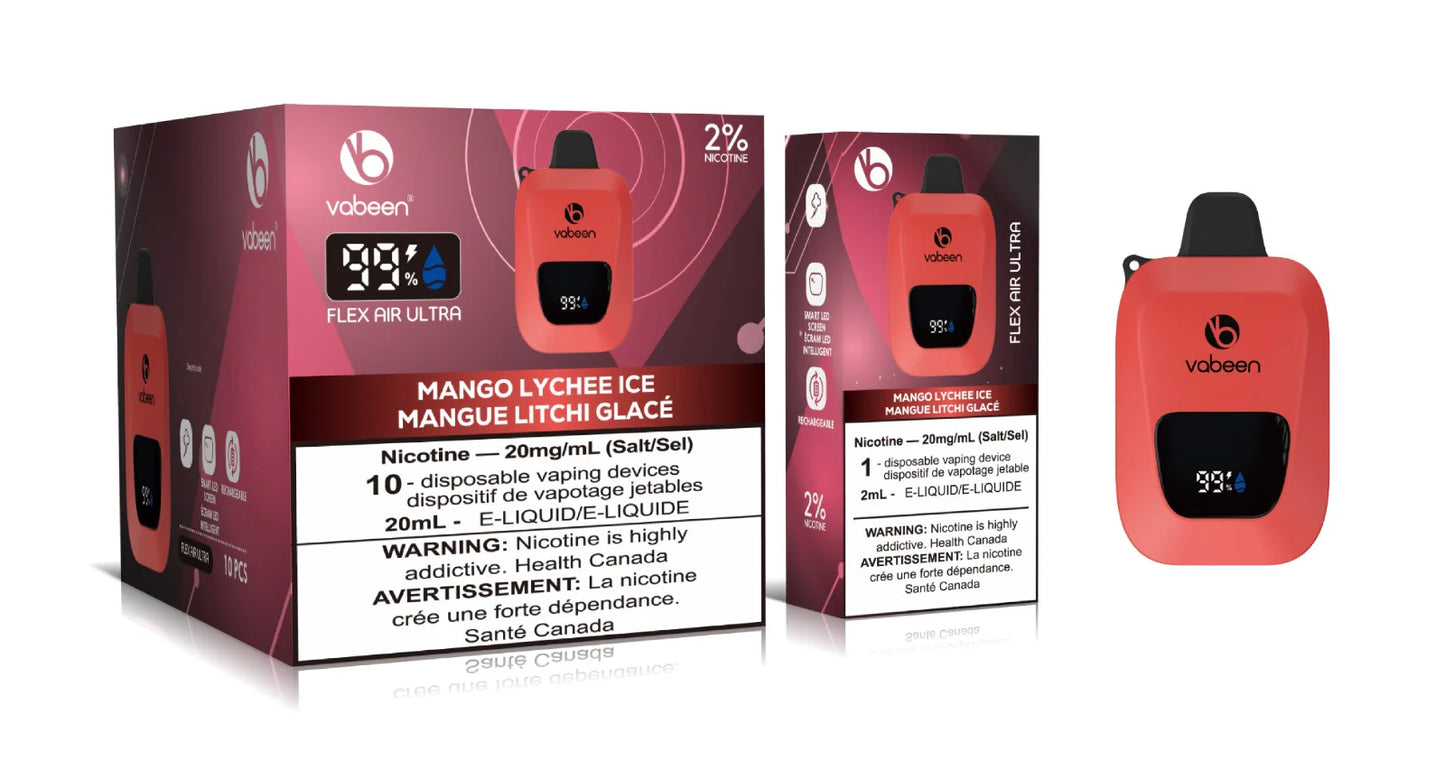 Ultra Flex Air Disposable – Mango Lychee Ice, tropical mango and exotic lychee with a cool menthol finish, 20mg nicotine strength, up to 8000 puffs with adjustable airflow