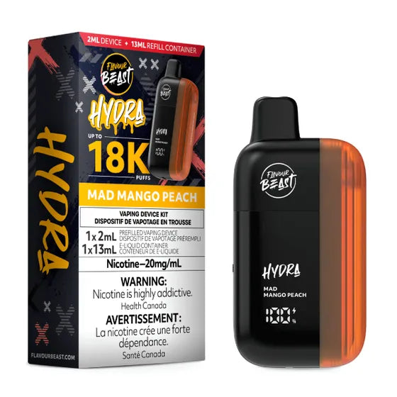 Flavour Beast Hydra 18K – Mango Peach, tropical mango and juicy peach blend with a frosty finish in a 20mg disposable vape, up to 18,000 puffs