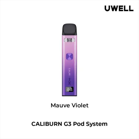 UWELL Caliburn G3 Pod Kit – Mauve Violet, 25W refillable pod vape with 900mAh battery, 2mL e-liquid capacity, and Pro-FOCS flavour tech in a soft violet finish