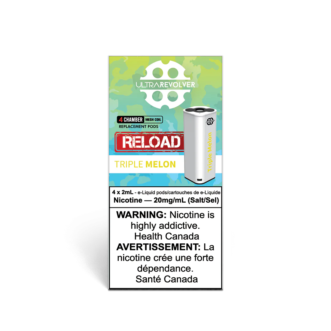 Ultra Revolver Pods – Triple Melon, a refreshing blend of three distinct melon flavours, 20mg nicotine strength, designed for Ultra Revolver pod systems