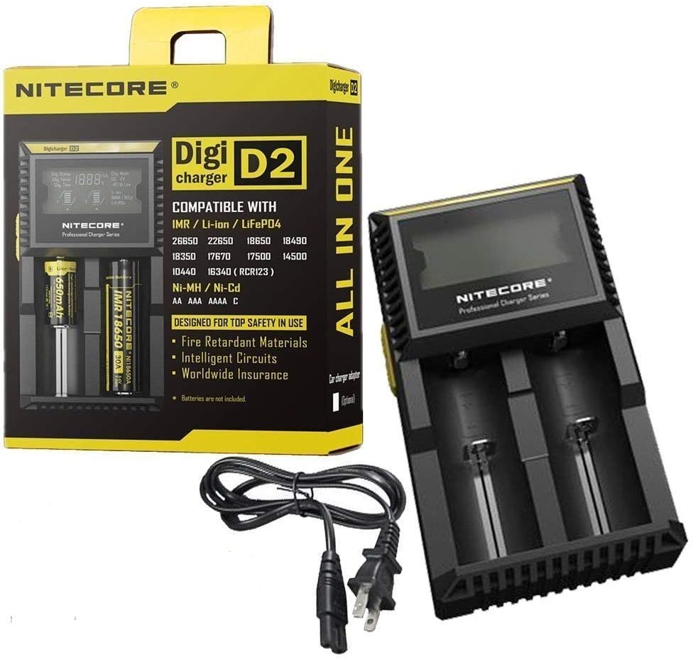 Nitecore D2 Digicharger โ 2-bay smart battery charger with LCD screen, auto-detection for Li-ion, NiMH, and NiCd batteries, and independent charging slots