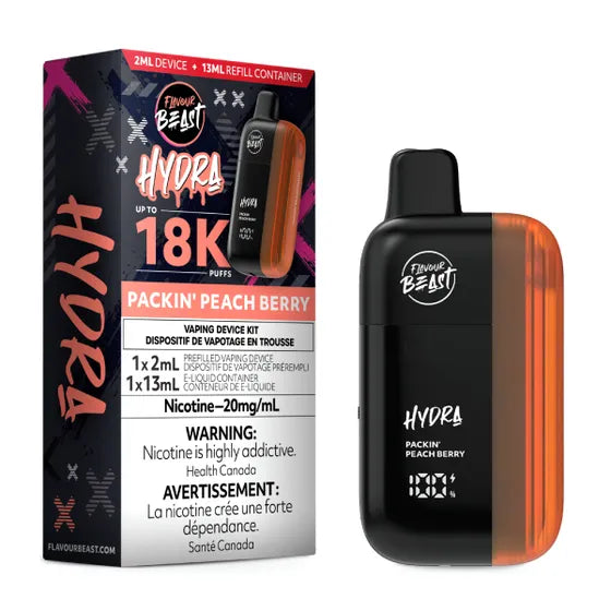 Flavour Beast Hydra 18K – Peach Berry, juicy peach and mixed berries with an icy finish in a 20mg disposable vape, up to 18,000 puffs