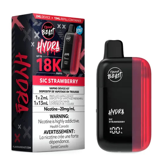 Flavour Beast Hydra 18K – Strawberry Iced, sweet ripe strawberry with a frosty menthol exhale in a 20mg disposable vape, up to 18,000 puffs