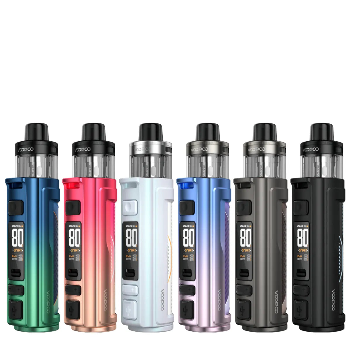 Voopoo Argus Pro 2 Pod Mod Kit – Full colour lineup, showcasing 3000mAh 80W pod mods with PnP X platform, 5ml top-airflow pods, and leather-wrapped zinc alloy chassis in multiple finishes