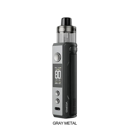 Voopoo Drag X2 Pod Kit – Gray Metal, 80W output, single 18650 battery, PnP X 5mL pod with top airflow, Gene.TT 2.0 chipset, Smart/RBA/ECO modes, 0.96” TFT screen