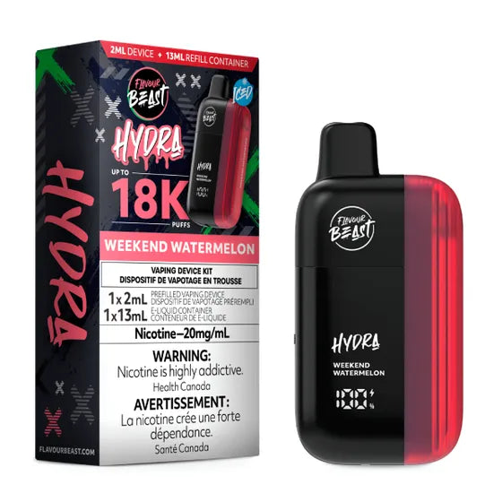 Flavour Beast Hydra 18K – Watermelon Iced, juicy watermelon flavour with a cool icy finish in a 20mg disposable vape, up to 18,000 puffs