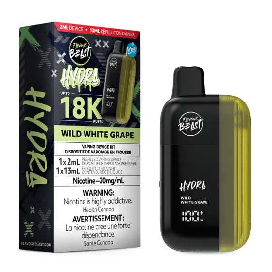 Flavour Beast Hydra 18K – White Grape Iced, crisp white grape flavour with a cool icy exhale in a 20mg disposable vape, up to 18,000 puffs