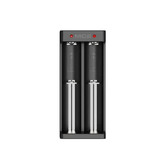 XTAR MC2 Dual Bay Charger โ Type-C input, compact two-slot lithium-ion battery charger with intelligent charging, compatible with 18650, 20700, 21700, and 26650 batteries