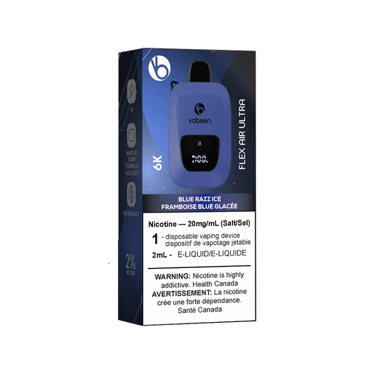 Ultra Flex Air Disposable – Blue Razz Ice, tangy blue raspberry with a cooling menthol finish, 20mg nicotine strength, up to 8000 puffs with adjustable airflow