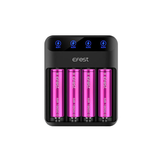Efest LUSH Q4 4-Bay Battery Charger – Intelligent LED charger with 0.5A, 1A, and 2A charging modes, compatible with 3.6V/3.7V lithium-ion batteries including 18650, 20700, and 26650 sizes